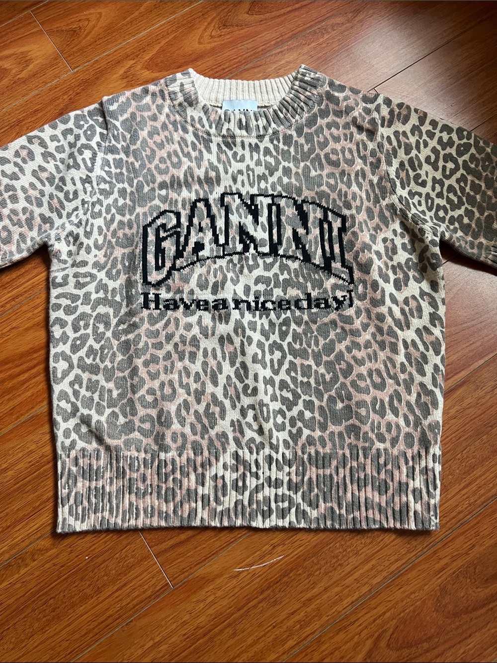 Ganni Leopard-Print Logo Sweater in Taupe, Cream & Black